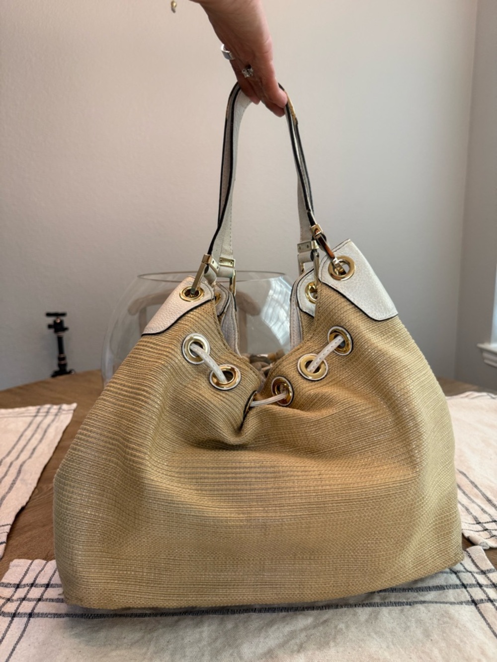 Neutral Beige Straw Michael Kor’s Tote Bag with White Trim